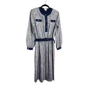 Vintage Hal Hardin Long Sleeve Navy & White Pleated Dress W/ Belt & Gold Buttons